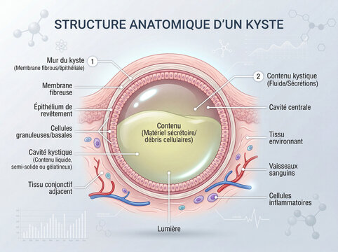 Illustration anatomique d&rsquo;un kyste cutan&eacute; avec sch&eacute;ma m&eacute;dical d&eacute;taill&eacute; et visualisation de la structure interne