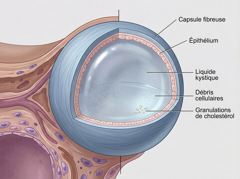 Illustration anatomique d&rsquo;un kyste cutan&eacute; avec sch&eacute;ma m&eacute;dical d&eacute;taill&eacute; et visualisation de la structure interne