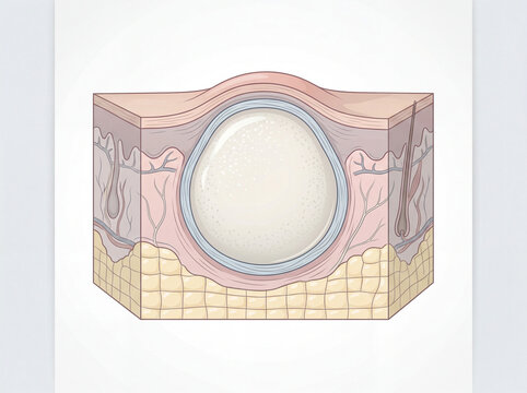 Illustration anatomique d&rsquo;un kyste cutan&eacute; avec sch&eacute;ma m&eacute;dical d&eacute;taill&eacute; et visualisation de la structure interne