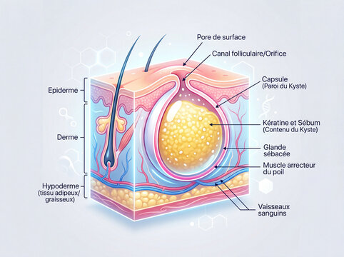 Illustration anatomique d&rsquo;un kyste cutan&eacute; avec sch&eacute;ma m&eacute;dical d&eacute;taill&eacute; et visualisation de la structure interne