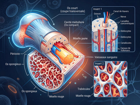Illustration anatomique de la structure d&rsquo;un os humain avec sch&eacute;ma m&eacute;dical d&eacute;taill&eacute; et visualisation scientifique