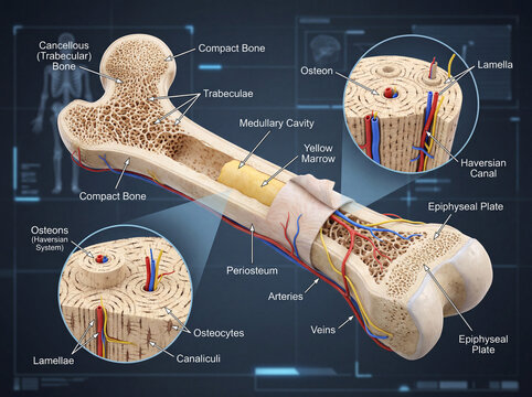 Illustration anatomique de la structure d&rsquo;un os humain avec sch&eacute;ma m&eacute;dical d&eacute;taill&eacute; et visualisation scientifique