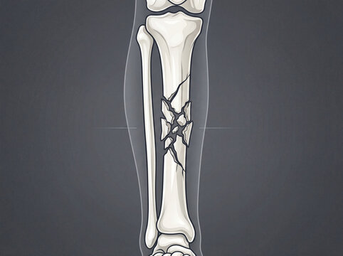 Illustration anatomique d&rsquo;une fracture comminutive du tibia avec sch&eacute;ma m&eacute;dical d&eacute;taill&eacute; et visualisation orthop&eacute;dique
