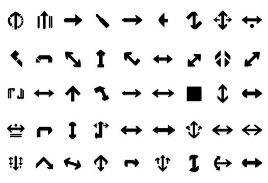 A collection of various black arrows and symbols arranged in rows on a white background