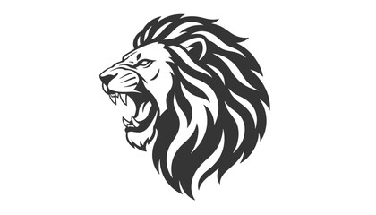 Obraz premium High contrast black and white graphic illustration of a roaring wild lion head with a majestic and detailed flowing mane.
