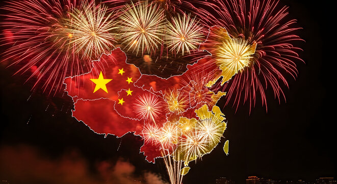 National day china celebration fireworks display over map of the people's republic