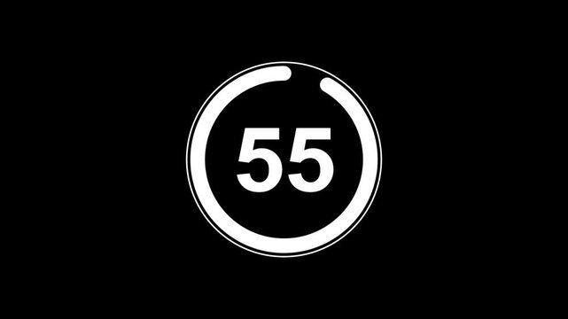 Circle countdown timer one minute animation from 60 to 0 second animation with alpha channel, 60 second countdown timer, Countdown video on black background