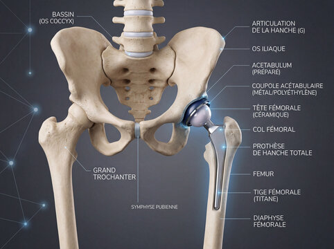 Illustration anatomique d&rsquo;une proth&egrave;se totale de hanche avec sch&eacute;ma m&eacute;dical d&eacute;taill&eacute; et visualisation de l&rsquo;implant orthop&eacute;dique