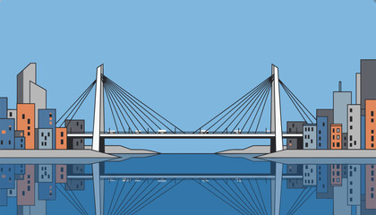 Fototapeta premium Stylized illustration of a modern cable stayed suspension bridge connecting city skyscrapers over calm water with reflection.