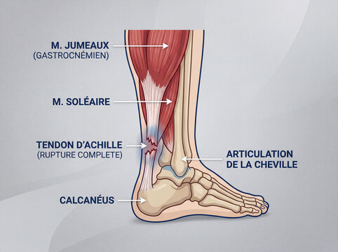 Rupture du tendon d&rsquo;Achille, blessure sportive et anatomie m&eacute;dicale du pied humain