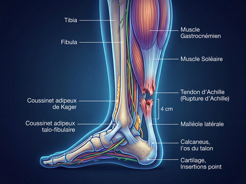 Rupture du tendon d&rsquo;Achille, blessure sportive et anatomie m&eacute;dicale du pied humain