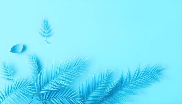 Blue palm leaves and a single leaf float on a serene light blue background.