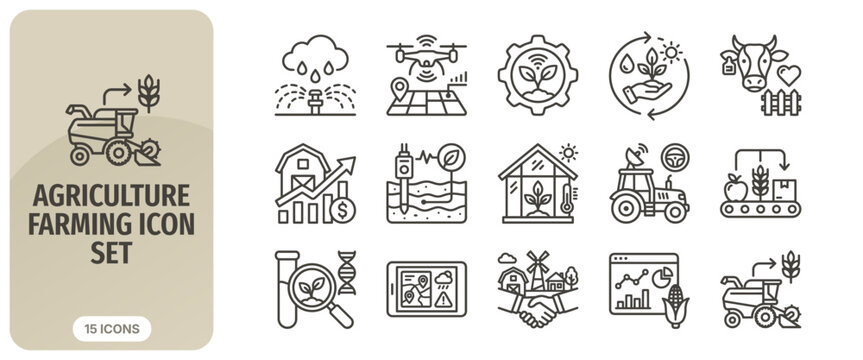 Agriculture and farming icon set, smart farming technology, precision agriculture, modern farm equipment, sustainable agriculture, vector icons