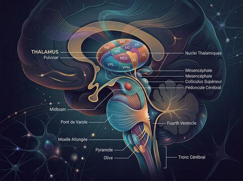Thalamus humain, structure c&eacute;r&eacute;brale profonde et relais des informations sensorielles dans le cerveau