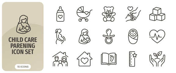 Fototapeta premium Child care and parenting icon set, thin line style, vector illustration collection of icons for baby care, pregnancy, family, and childhood development