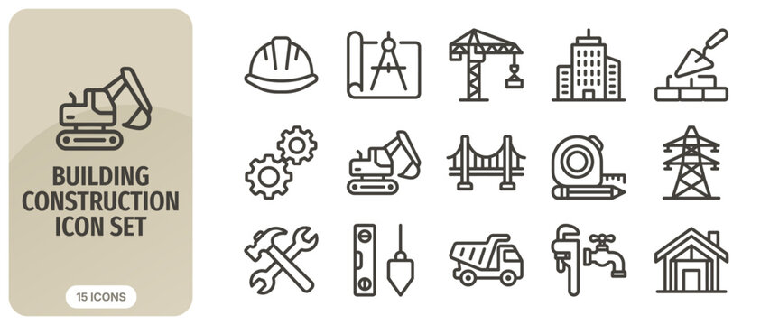 Building construction icon set, line style, vector illustration, industrial and engineering symbols for web and mobile apps