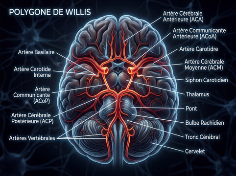 Polygone de Willis, cercle art&eacute;riel du cerveau humain et r&eacute;seau de vascularisation c&eacute;r&eacute;brale