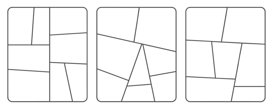 Collage Template Grid: Three distinct collage layouts with asymmetrical fragment divisions. graphic design, blank layout, template grid.