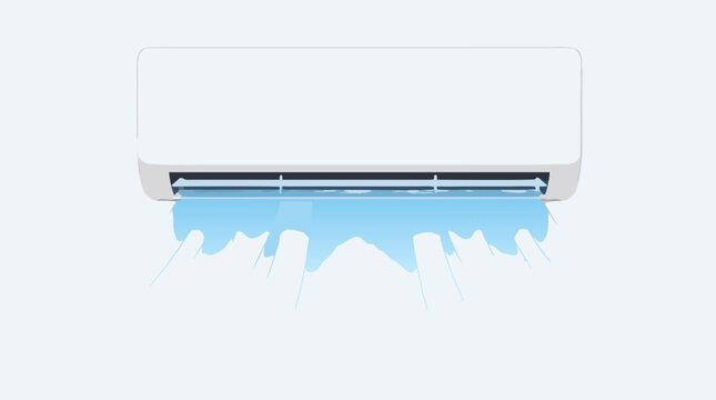 A clean flat vector illustration of a white wall-mounted air conditioner unit with blue cooling air streams flowing outward, ideal for home appliance, technology, and climate control design projects.