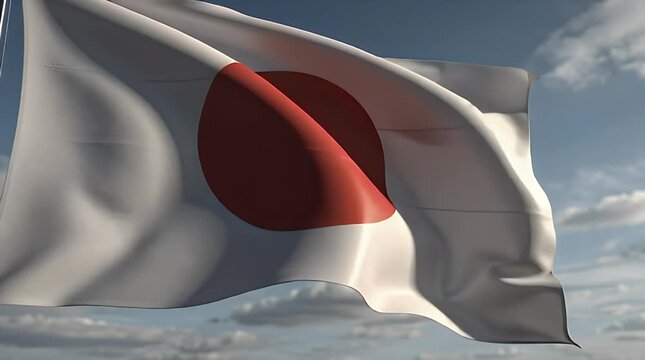 Flag in wind Japanese Flag Oscillating White Field Red Circle In Clear Sky