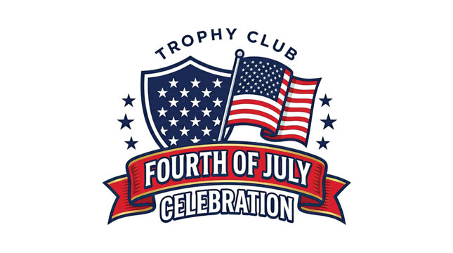 Trophy club fourth of july celebration logo with american flag and shield