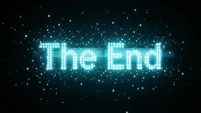 The end text formed by glowing blue binary code digits creates a dynamic cinematic motion video animation sequence featuring shimmering particles and glitch effects that flicker across the dark screen
