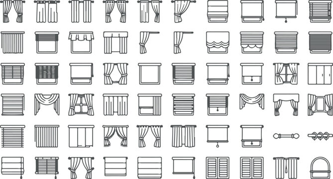 Collection of various window curtain and blind designs in line art style isolated on white background