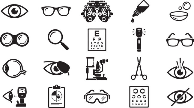 Collection of black and white eye care related icons on white background