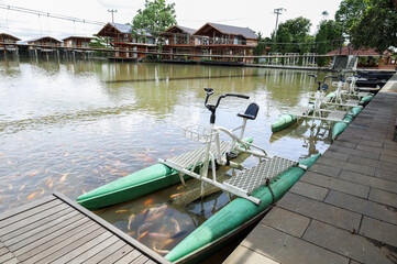Naklejka premium Pedal Water Bikes Along Stone Path By Pond Filled With Swimming Fish