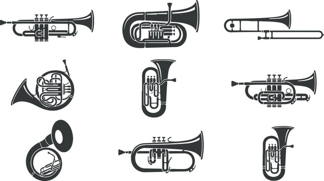 Collection of various black and white illustrations of brass musical instruments