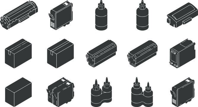 Collection of various battery and ink cartridge icons in black and white