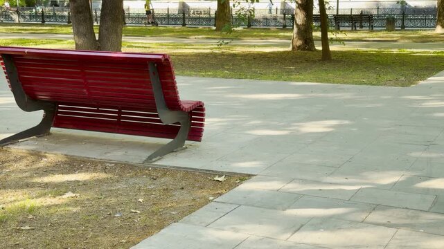A red bench sits on a quiet stone path in a park in Simferopol, Crimea. The serene scene evokes a sense of peace and relaxation, inviting you to pause and enjoy the nature surrounding you.