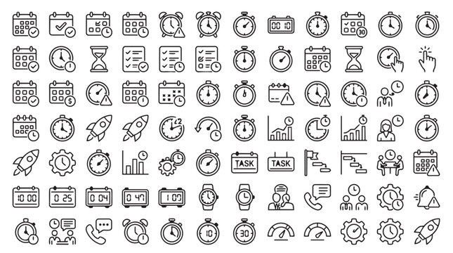 Time management and business productivity outline icon set with management business productivity