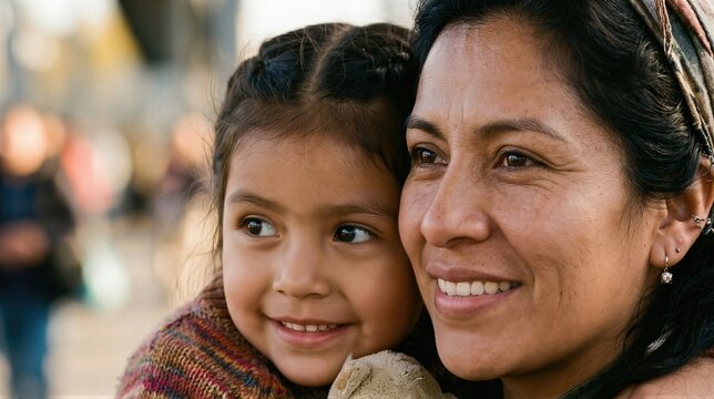 Hispanic woman and latina child hugging together. Portrait of mother and daughter looking into distance with hope. Concept of immigration, asylum seeker, refugee family and social issue.