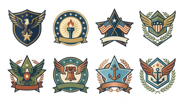 Collection of military and patriotic emblems and insignias isolated on transparent background
