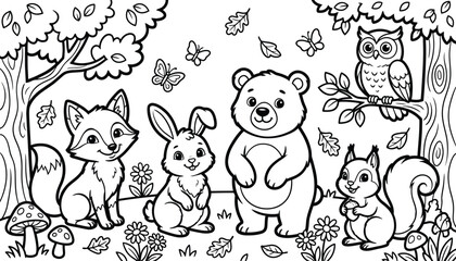 Fototapeta premium Cute woodland animals coloring page for kids with bear fox rabbit and squirrel