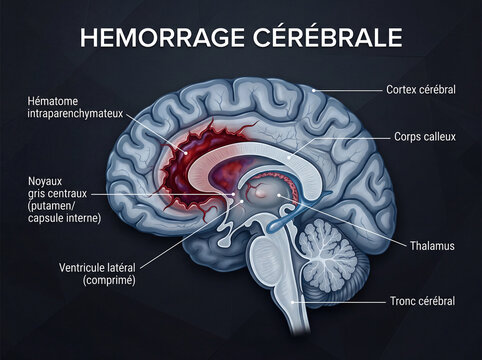 Illustration anatomique d&rsquo;une h&eacute;morragie c&eacute;r&eacute;brale avec sch&eacute;ma m&eacute;dical d&eacute;taill&eacute; et visualisation scientifique moderne