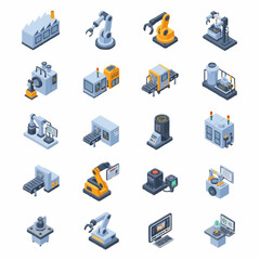 Colorful Isometric Icons of Industrial and Manufacturing Equipment. © Syakilla