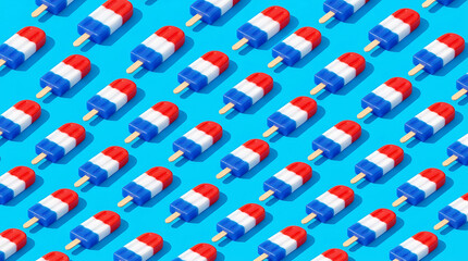 Fototapeta premium Red White And Blue Ice Cream Popsicles Pattern On Bright Blue Background Summer Food Concept