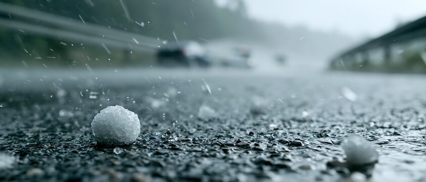 Hailstones accumulating on a highway during a violent storm triggered by extreme heat conditions, emphasizing transportation disruptions, weather hazards and climate change consequences