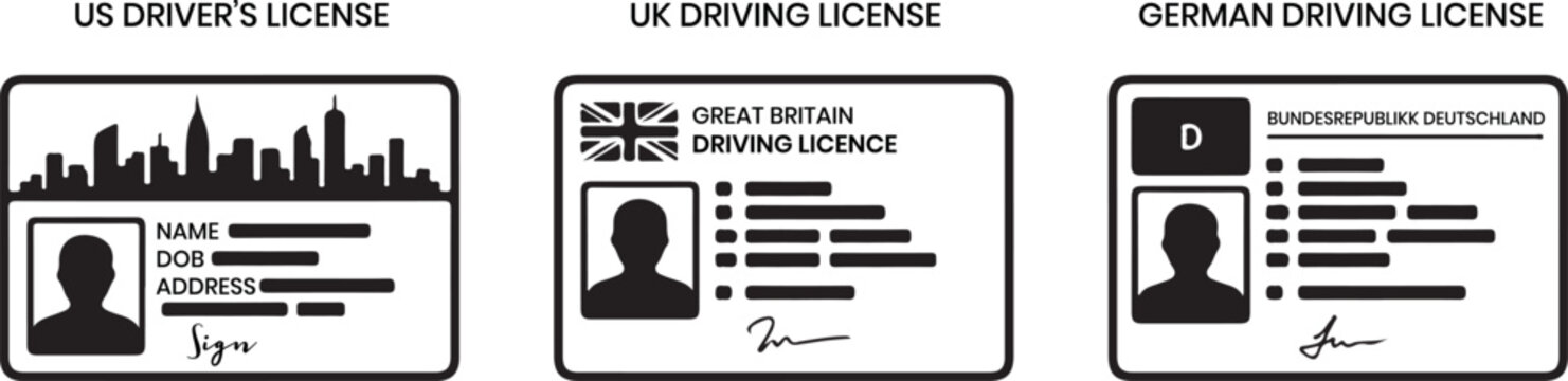 Vector illustration of us uk and german driving licenses on white background