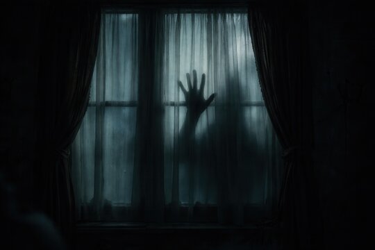 Dark shadow figure behind curtain in haunted window creating eerie Halloween horror atmosphere scene