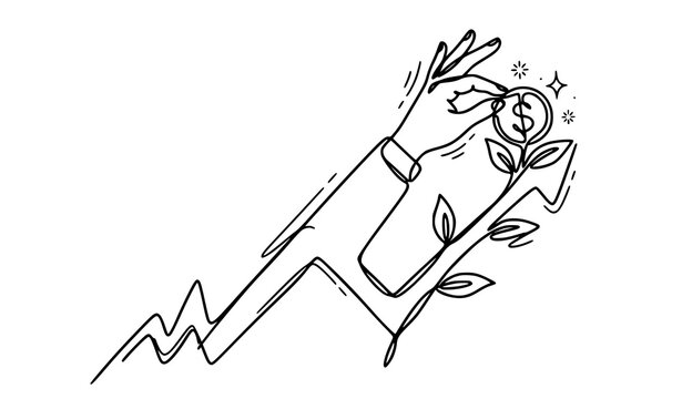 Hand drawn single line art of hand reaching for money tree coin, continuous one line drawing for rising investment return
