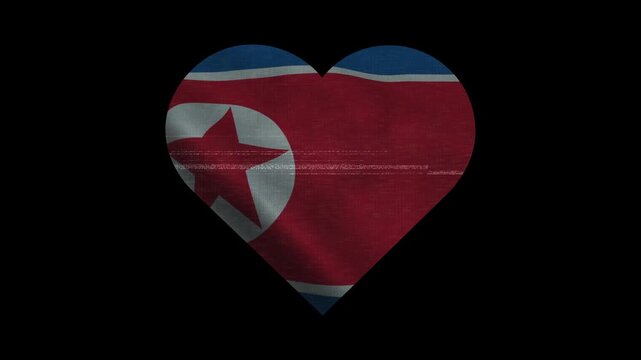 Patriotic North Korea  Heart Waving National Flag. Heart Shaped North Korea  Flag Animation with Retro Digital Glitch Effect.