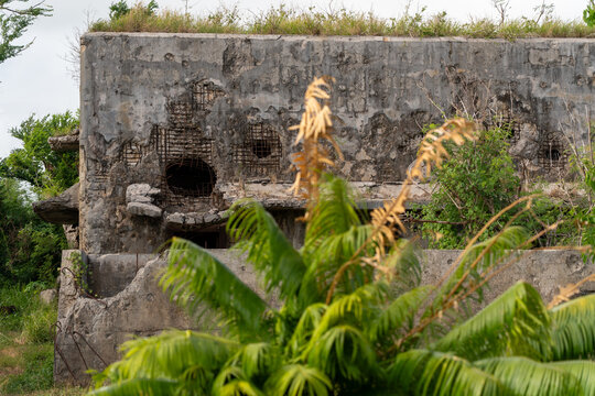 View of the historic North Field Base ruins featuring weathered concrete walls with exposed rebar, surrounded by lush tropical vegetation in Northern Tinian, Tinian, Northern Mariana Islands.