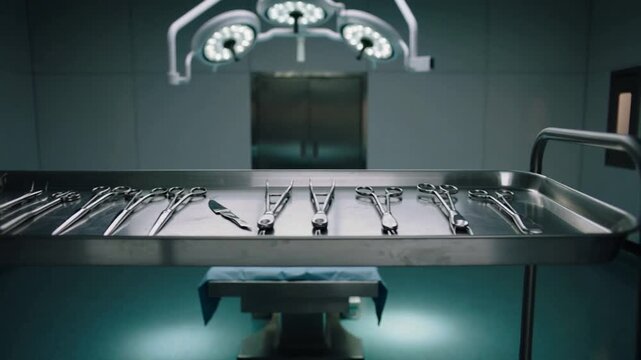 Medical healthcare crisis and surgical procedure concept sterile operating room with surgical instruments on a tray under bright lights