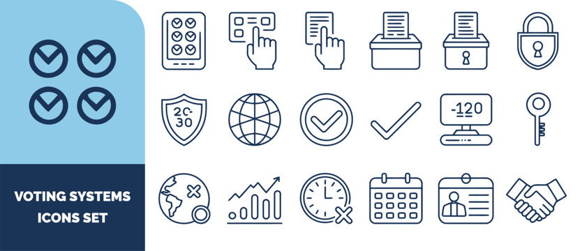 Voting systems set, featuring election symbols, ballot boxes, checkmarks, security locks, globes, calendars, and handshake