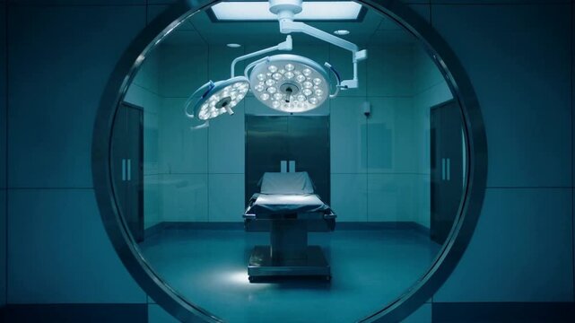 Medical innovation and healthcare technology empty operating room with surgical lights and modern equipment hospital interior for advanced procedures