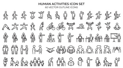 Naklejka premium Comprehensive human activities icon set for daily tasks and interactions with activities, lifestyle