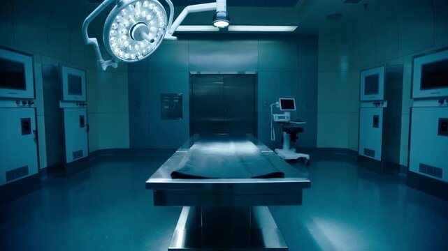 Medical morgue room concept empty autopsy table with surgical lights forensic pathology and crime scene investigation